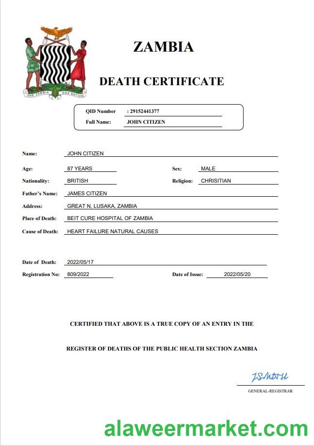 Zambia vital record death certificate Word and PDF template